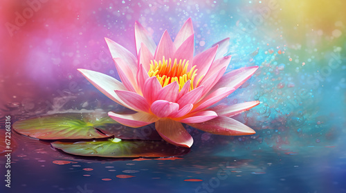  a pink water lily floating on top of a pond of water. generative ai