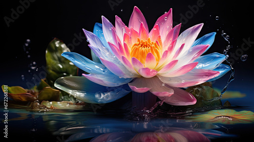  a pink and blue flower floating on top of a body of water. generative ai