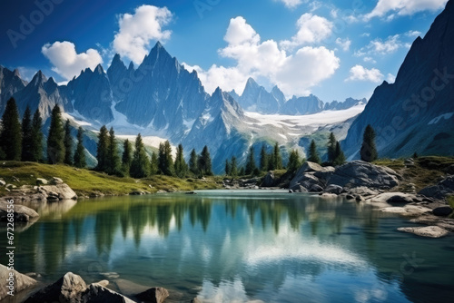 Beautiful mountain landscape, magnificent lake against the background of forest, high mountains.