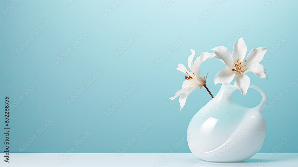 a white vase filled with white flowers on a blue background. generative ai a white vase filled with white flowers on a blue background. generative ai