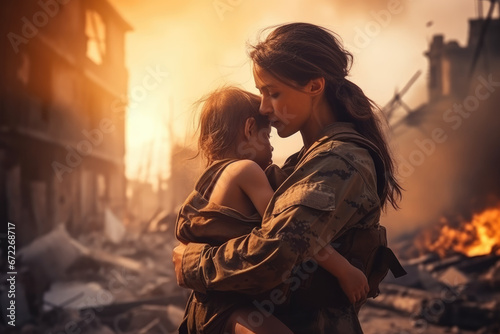 Mother holds a child in her arms against the backdrop of a destroyed city street. There was no war. Civilian population. © Evgeniia