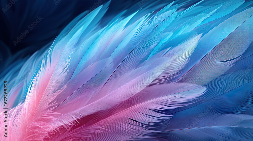 a close up of a pink and blue feather on a black background. generative ai a close up of a pink and blue feather on a black background. generative ai