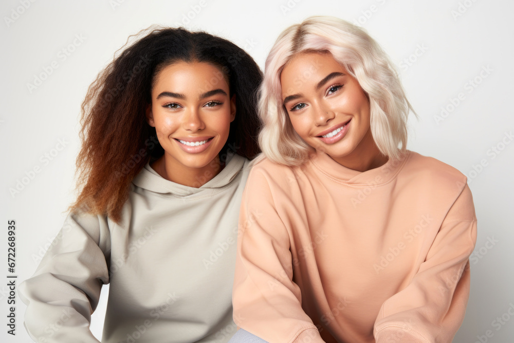 Two happy diverse women, sporty girls, friends, multi-ethnic models Two happy diverse women, sporty girls, friends, multi-ethnic models