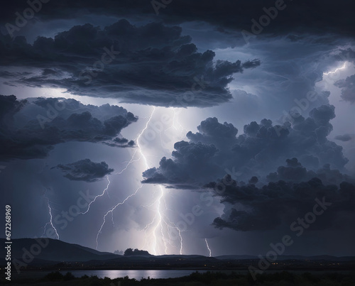 Lightning, storm clouds over the sea