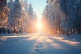 Path in winter forest with sunlights ai generated art