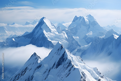 High mountains covered with snow and fog ai generated art. © Tsanko