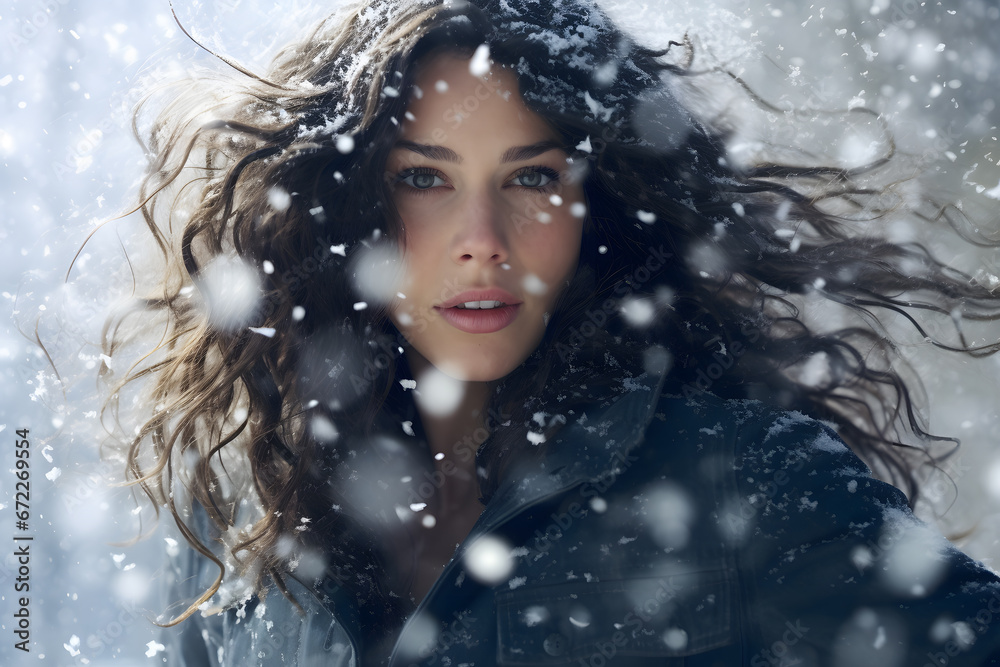 Beautiful brunette girl in winter with falling snowflakes ai generated art.
