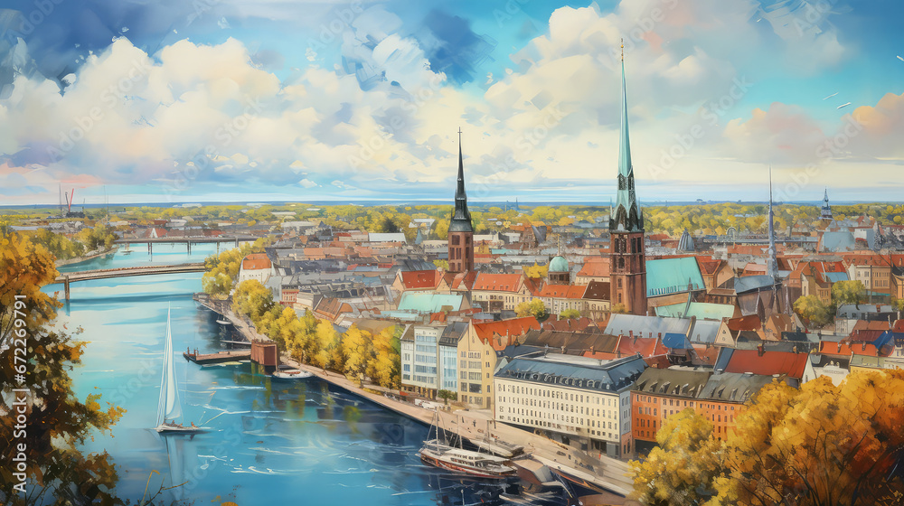 Fototapeta premium oil painting on canvas, Hamburg City at sunset. Germany.