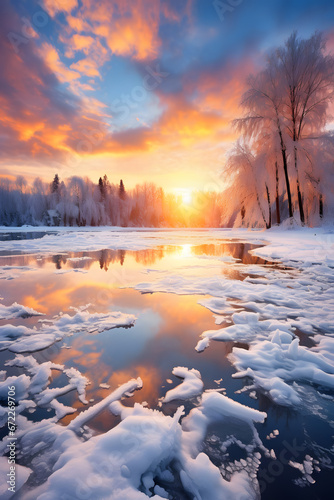 Sunset in the winter forest reflecting in river ai generated art vertical.  © Tsanko