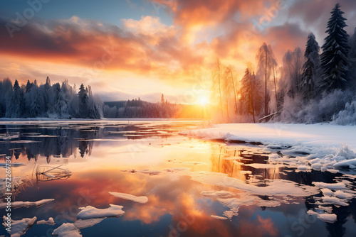 Sunset over river in winter mountains ai generated art. © Tsanko