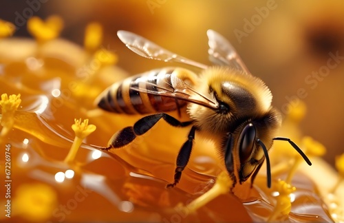 Photo close up of a bee sting on honey. AI Generated