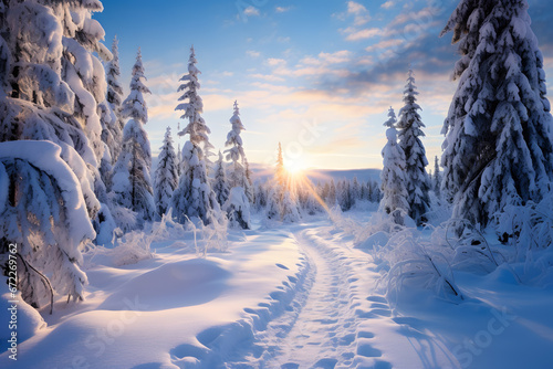 Winter landscape with snow covered trees and sun lights ai generated art