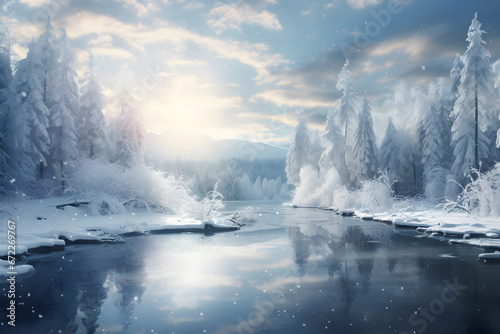White frost forest with cold blue river ai generated art. 