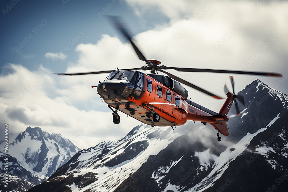Naklejka premium Helicopter flying inthe mountains, helicopter in mountain range, heli, rescue helicopter