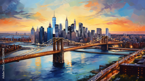 oil painting on canvas, New York City - beautiful sunset over manhattan with manhattan and brooklyn bridge, USA. © ImagineDesign