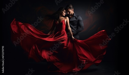 beautiful couple man and woman in red dress dancing tango photo