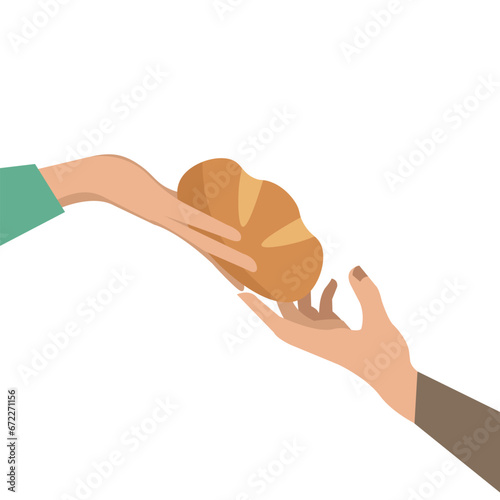 hand extending bread to the needy, flat vector illustration