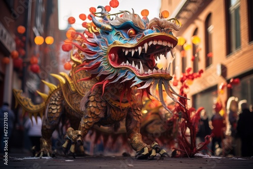 Desfile de dragón celebrando la entrada del año nuevo en China. Tradición. Año del dragón. 