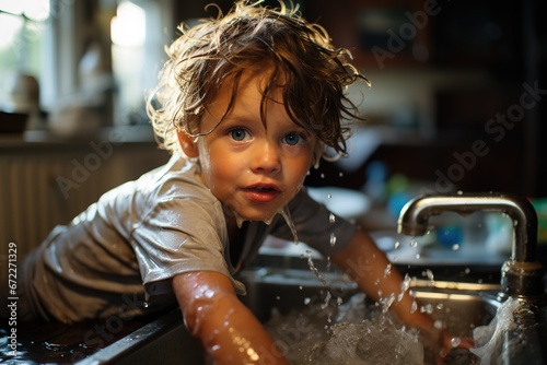 Cute happy child playing with water, soap bubbles and foam in kitchen sink at home