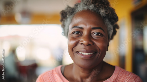 happy senior african woman taking selfie indoor Looking at camera and smile. quiet life in retirement concept. ordinary middle class plus size female person photo