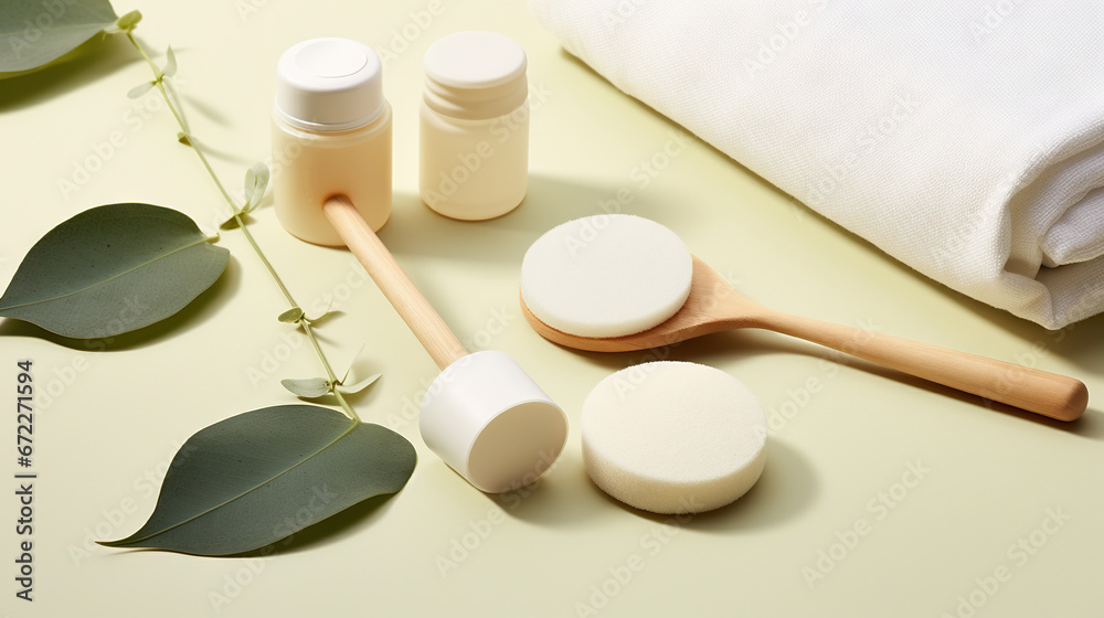a table topped with a wooden spoon next to a bottle of lotion. generative ai a table topped with a wooden spoon next to a bottle of lotion. generative ai