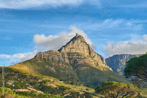 Copyspace landscape view of mountain with lush trees and plants. Beautiful scenic popular natural landmark and tourist attraction for hiking and adventure on Table Mountain in Cape Town, South Africa