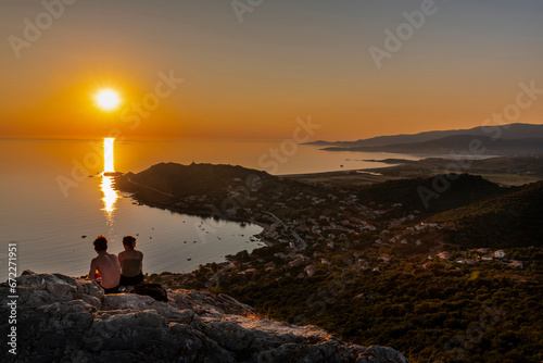 Sunset landscape with Plage du Sagnone, Corsica island, France