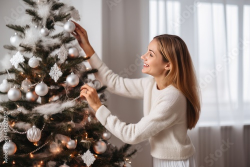 Young woman decorating white Christmas tree in winter home interior. Close up. Xmas festive holiday.