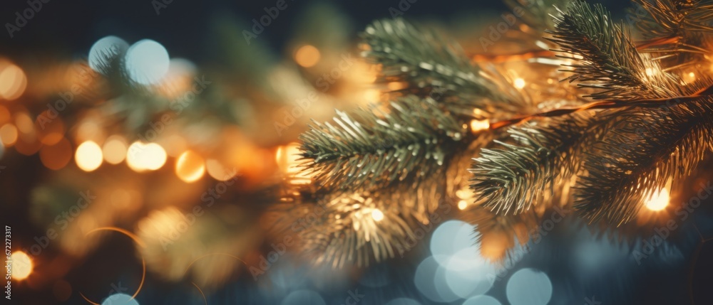 A close-up of a garland among the branches of a Christmas tree