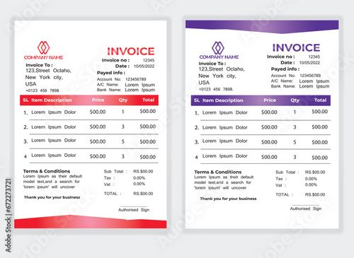 Business Minimal Corporate Invoice design template vector illustration bill form price . Creative template and stationery design payment agreement design template Cash Memo, Vector Quotation Design