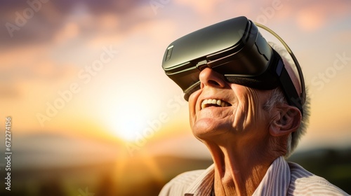 cheerful enjoy wonderful experience mature adult old senior man wear vr vitual headset goggle while explore digital virtual world fun enjoy technology of visual in garden backyard sunset at home