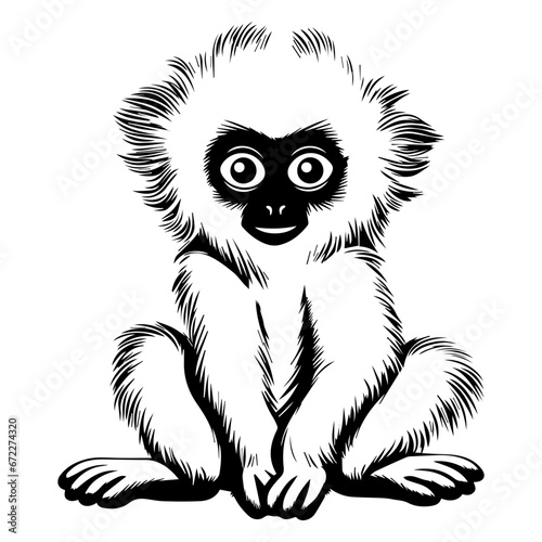 baby gibbon Monochrome illustration, cute baby gibbon silhouette design, Generative AI.