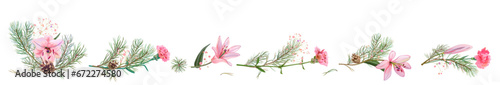 Horizontal panoramic border with pine branches, cones, needles, pink lilies, and pink carnation flowers. Realistic digital Christmas tree in watercolor style. Botanical illustration for design, vector