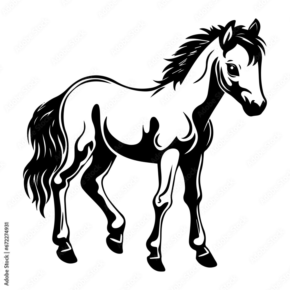 cute baby horse Monochrome illustration, Horse silhouette design, Generative AI.