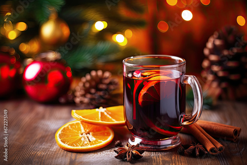 Mulled wine with orange and cinnamon on a wooden table on Christmas background