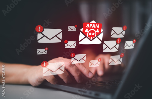 Cyber security awareness. Spam mail pop-up warning. Suspect emails alert. E-mail inbox with spam virus message caution sign for notification on internet threat security. Harmful, Trash and junk mail. photo