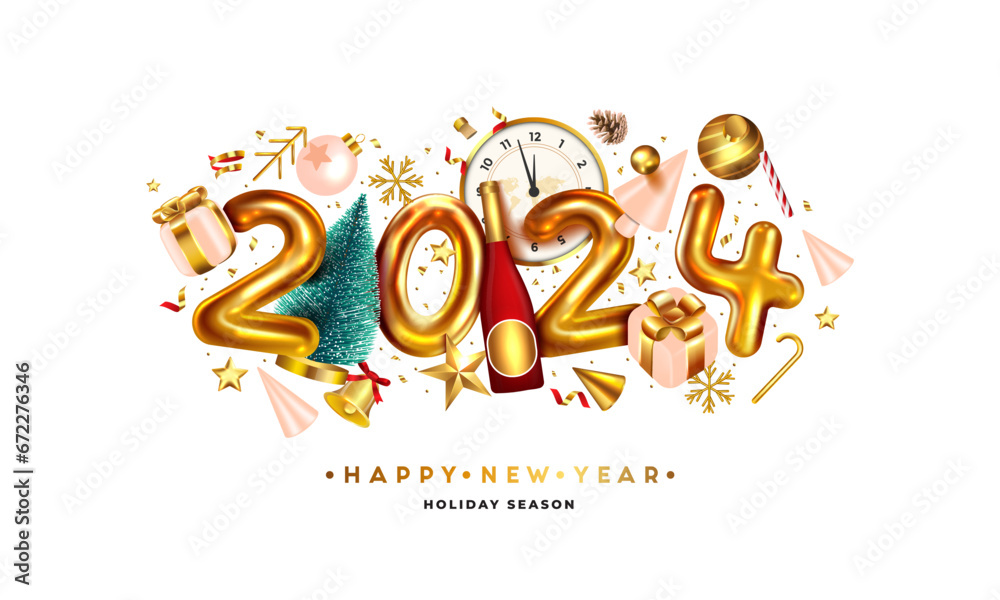 Happy New Year 2024. Golden metal number on white background. Realistic 3d render sign. Festive realistic decoration. Celebrate party 2024, Web Poster, banner, cover card, brochure, flyer, layout desi