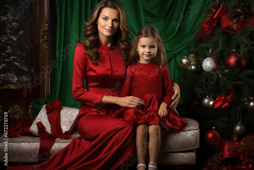 Mother and daughter sitting under the Christmas tree with gifts during winter holidays.