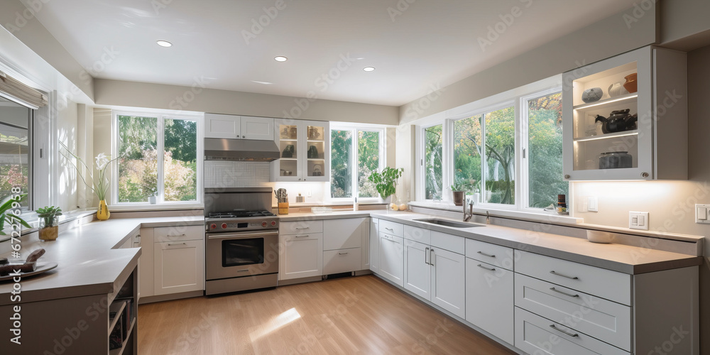 Empty kitchen in white and gray with large windows Empty kitchen in white and gray with large windows
