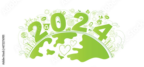 2024 New year, Eco friendly, Sustainability planning concept with globe and World environmental green doodle icons drawing set on white background ,Vector illustration