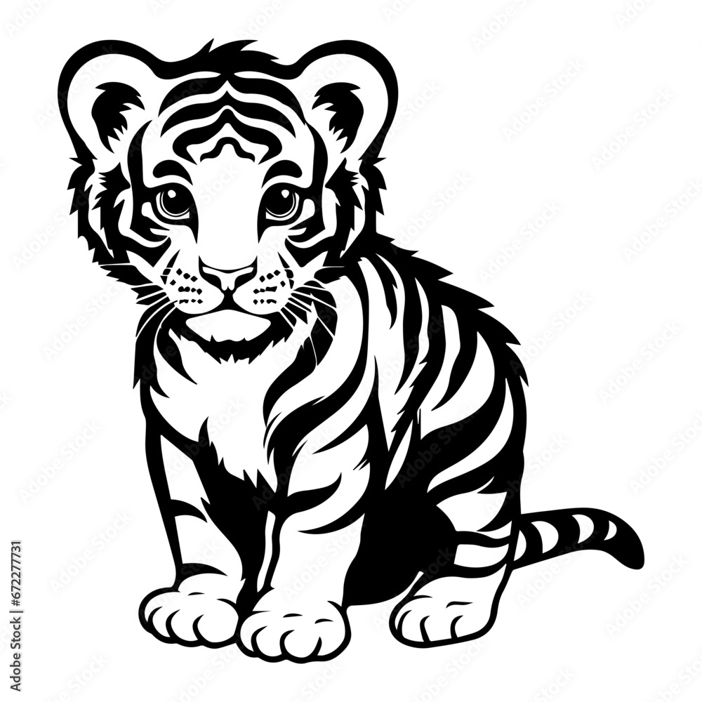 cute baby tiger Monochrome illustration, Tiger silhouette design, Generative AI. cute baby tiger Monochrome illustration, Tiger silhouette design, Generative AI.