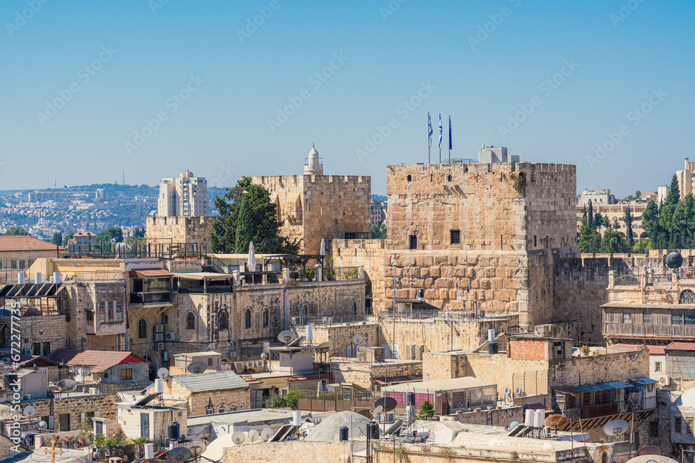Rooftop view of the Armenian Quarter in the Old City of Jerusalem, Israel, featuring the Tower of David in the background