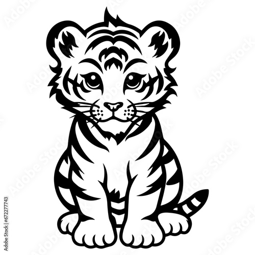cute baby tiger Monochrome illustration, Tiger silhouette design, Generative AI.