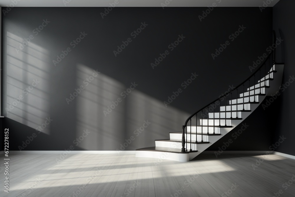 black and white minimal interior with stairs leading to a wall. Surreal ...