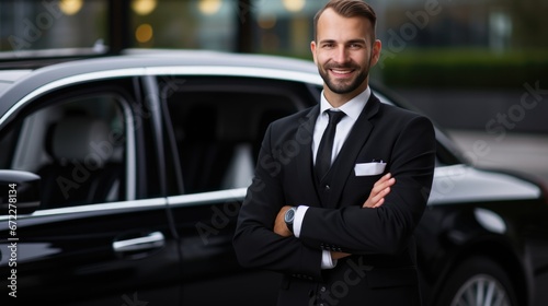 Chauffeur man wearing white glove smiling at front luxury car, professional transport service. © Oulaphone