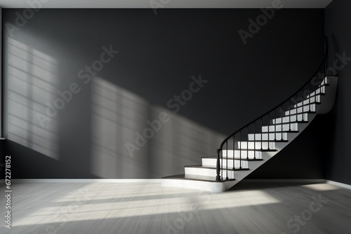 black and white minimal interior with stairs leading to a wall. Surreal concept. Generative AI