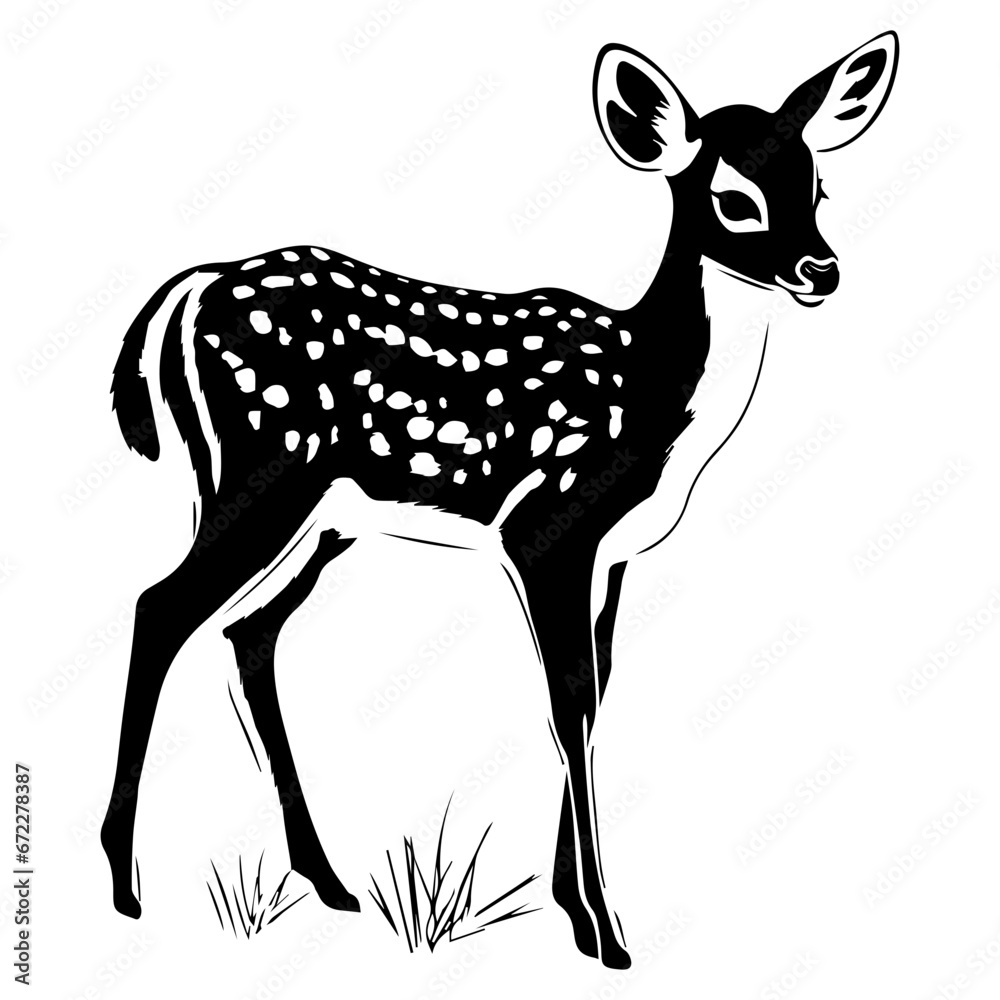 cute baby spotted deer fawn Monochrome illustration, deer silhouette design, Generative AI. cute baby spotted deer fawn Monochrome illustration, deer silhouette design, Generative AI.