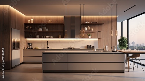 modern contemporary home interior kitchen area minimal detail cabinet and handing shalf cupboard home interior concept photo