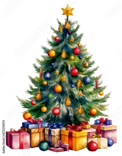 Watercolor illustration of a Christmas tree. Ai generated. Transparent background, PNG