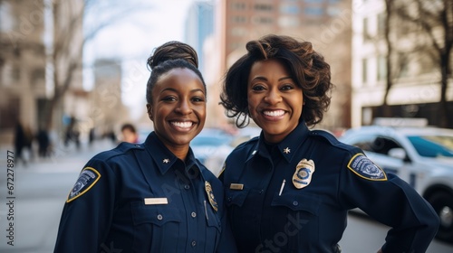 Portrait of African American women police officer standing with smiling on street. photo